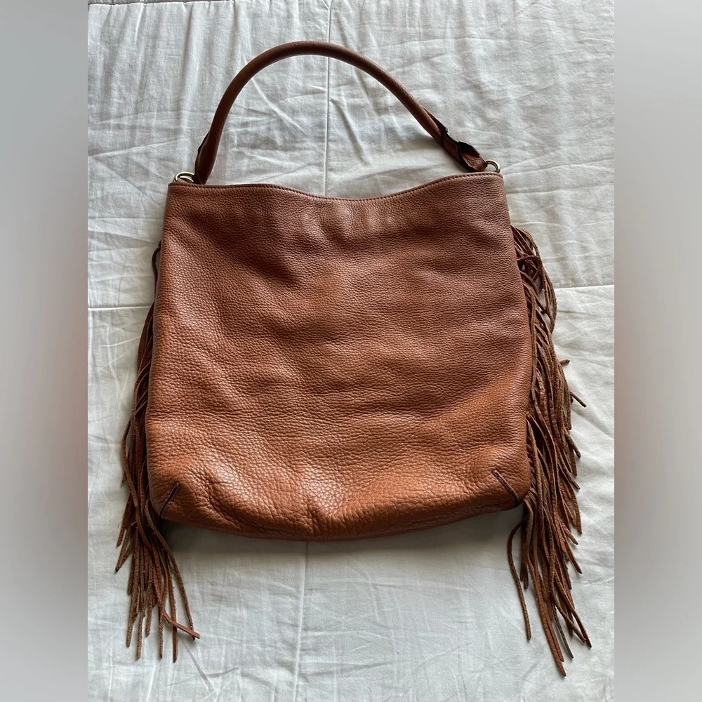 Rebecca Minkoff Clarke Leather Fringe Hobo Bag Cognac Brown Western Rodeo‎ Boho